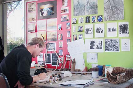 Student Justin Roberts at his workspace in Studio 1: Photographed by Shanna Paxton
